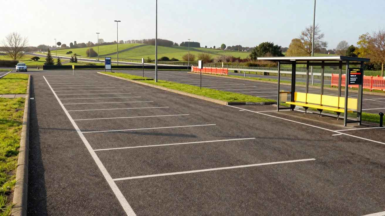 Empty parking lot next to a bus stop shelter with yellow benches on a sunny day in a rural area.