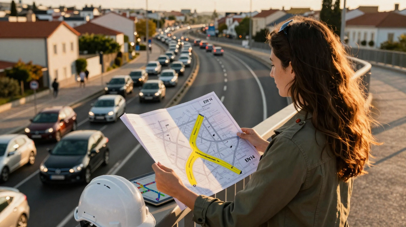 Woman in green jacket examines a highlighted map on a bridge overlooking busy traffic.
