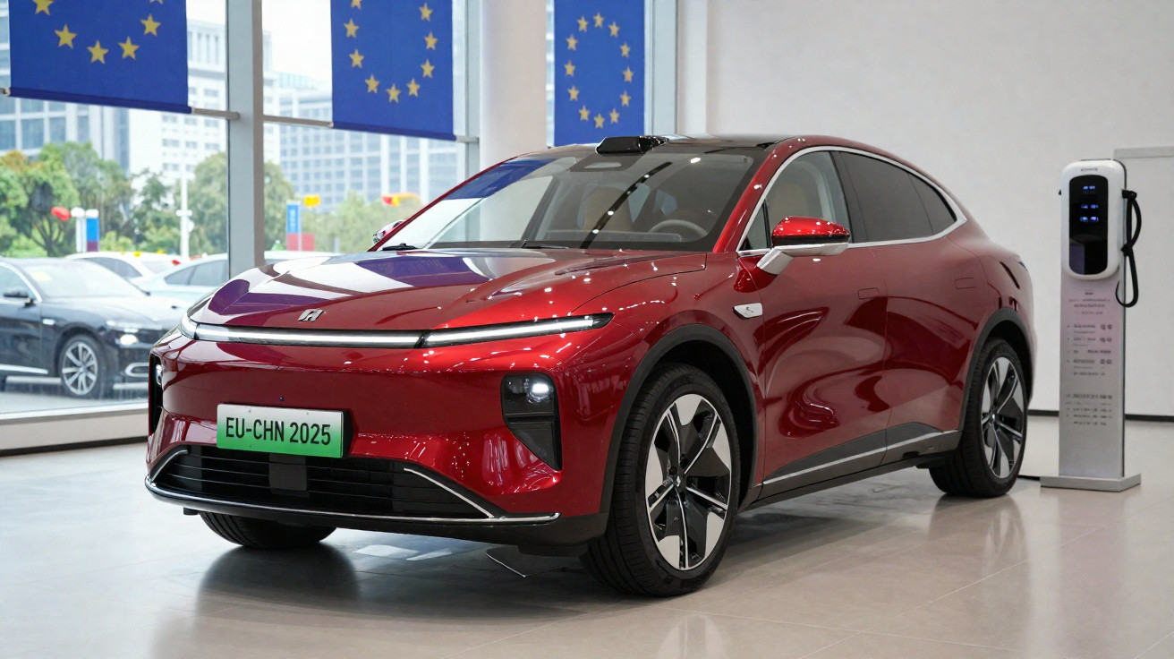 Red electric car displayed indoors near a charging station with European Union flags in the background.