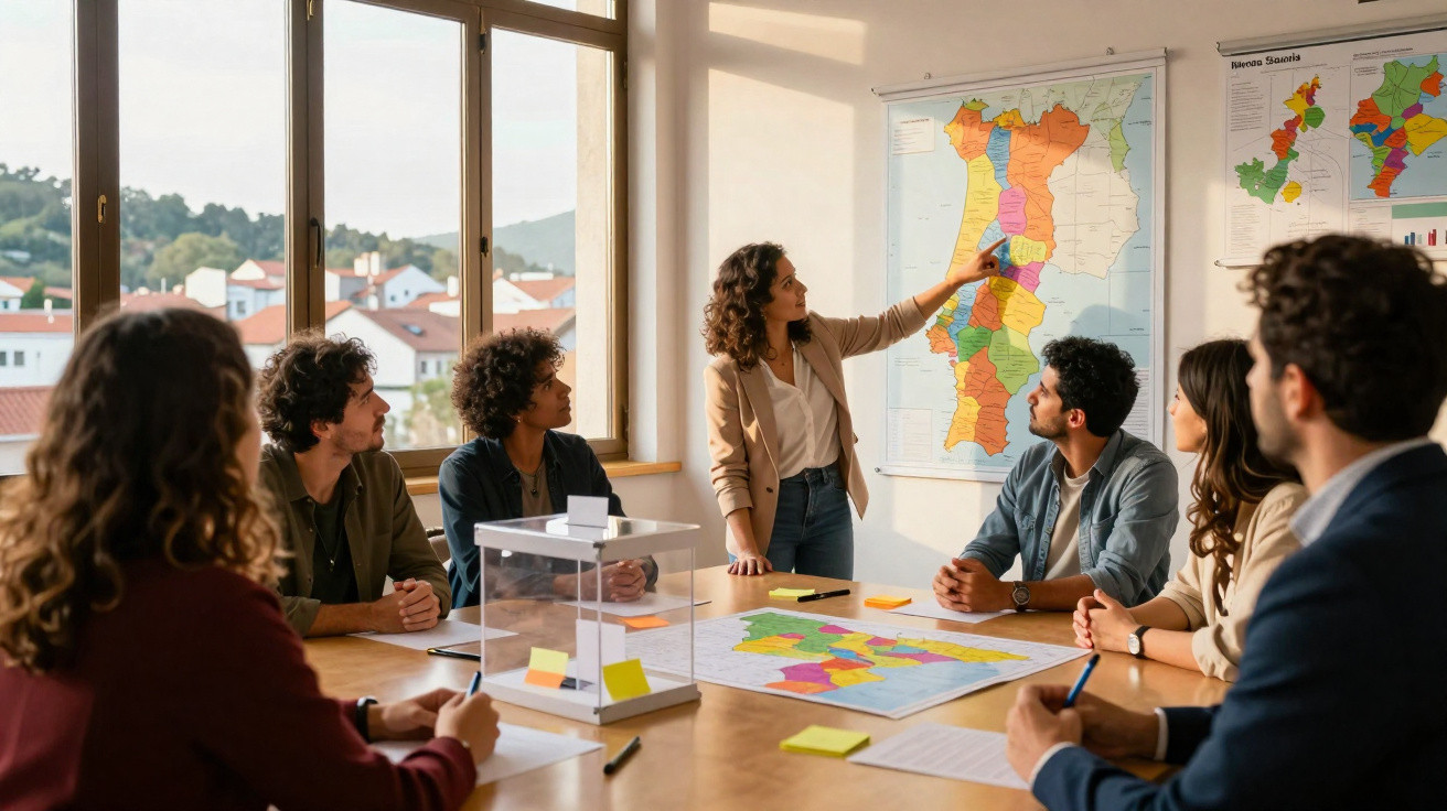 Group of six young people in a meeting room with one woman pointing at a large map on the wall.