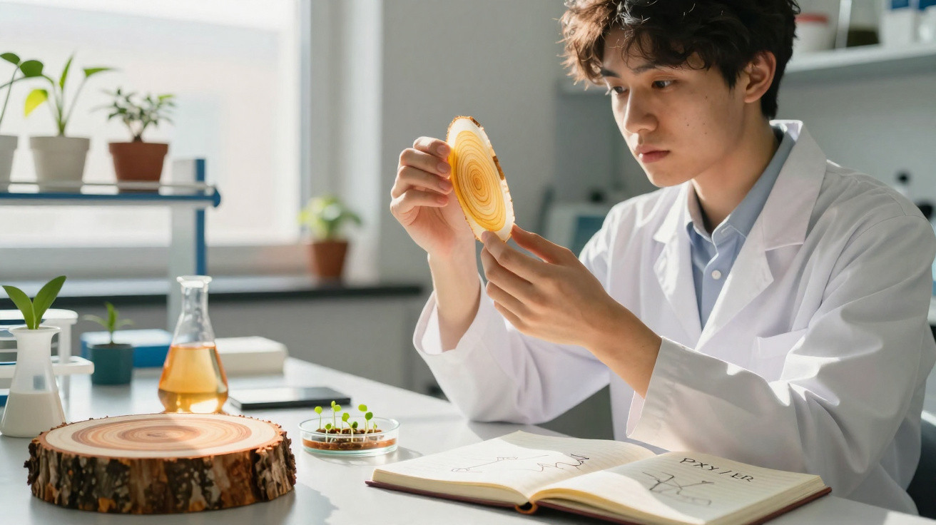 Scientist in lab coat examining tree ring sample with plants and scientific tools on table in bright room.