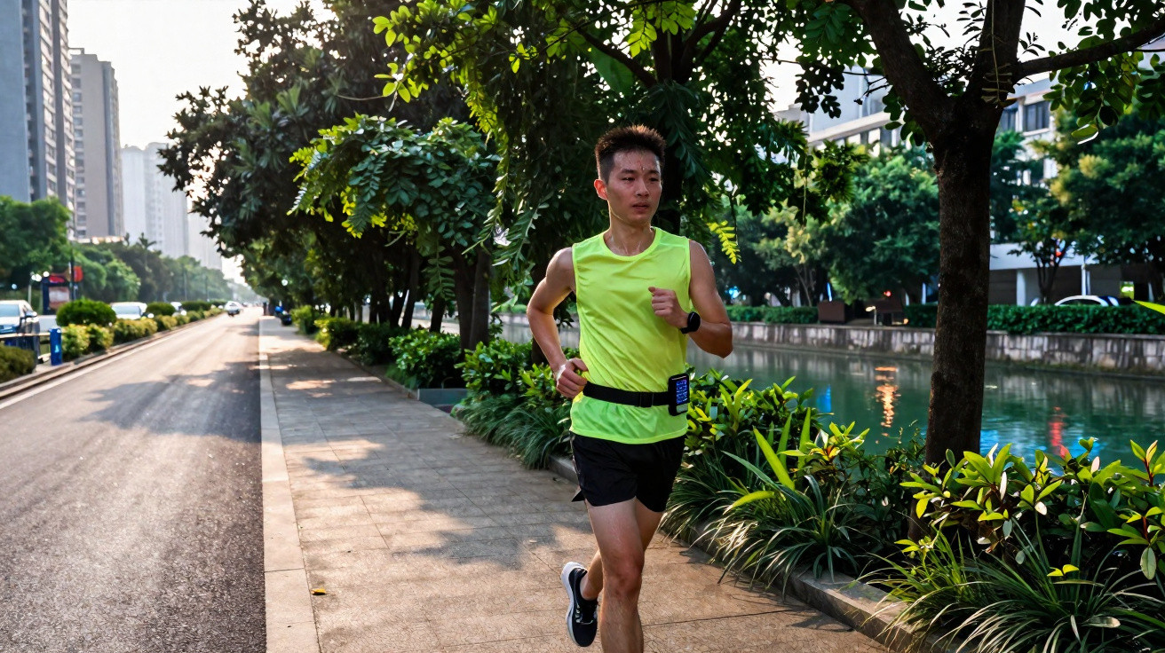 Man jogging on a tree-lined urban path next to a canal during daylight in casual sportswear.