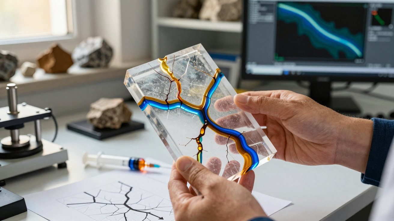 Hands holding a clear resin model with coloured veins, a computer and rock samples in the background.