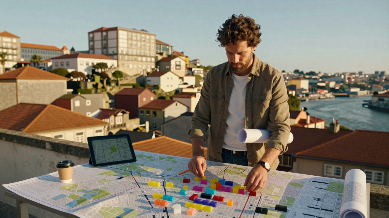 Man examining a detailed city map with colourful blocks on a rooftop overlooking buildings and a river.