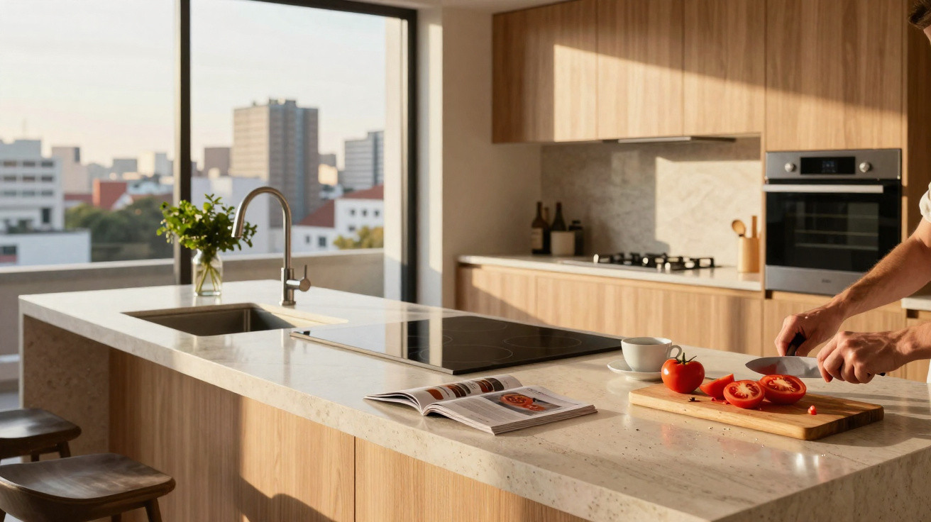 Modern kitchen with wooden cabinets, a marble island, open cookbook, and person slicing tomatoes on a chopping board.