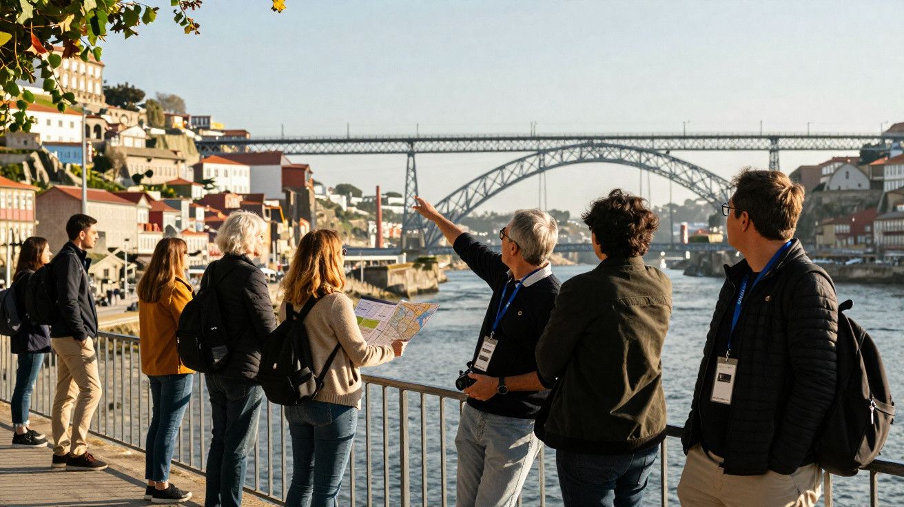 Group of tourists by a river with backpacks and a map, looking at a large iron bridge over the water.