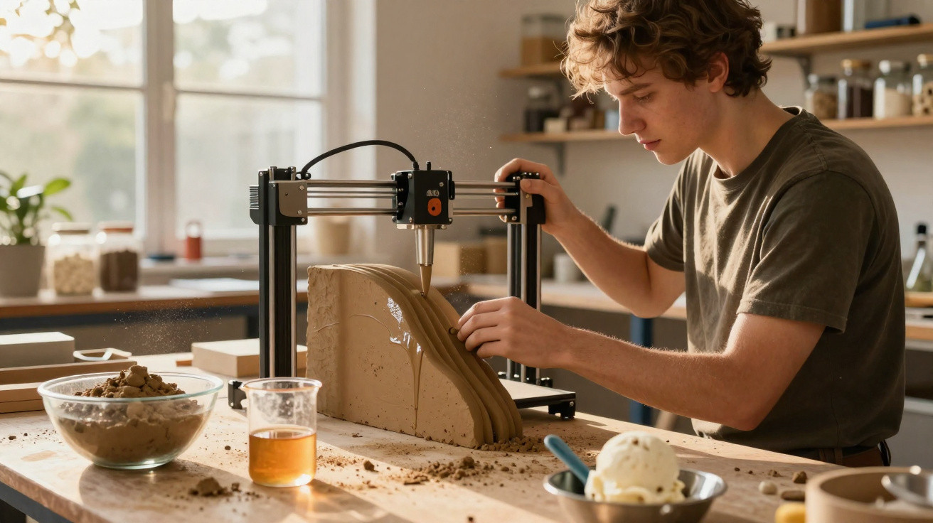 Young man using a 3D printer to shape clay in a sunlit pottery studio.