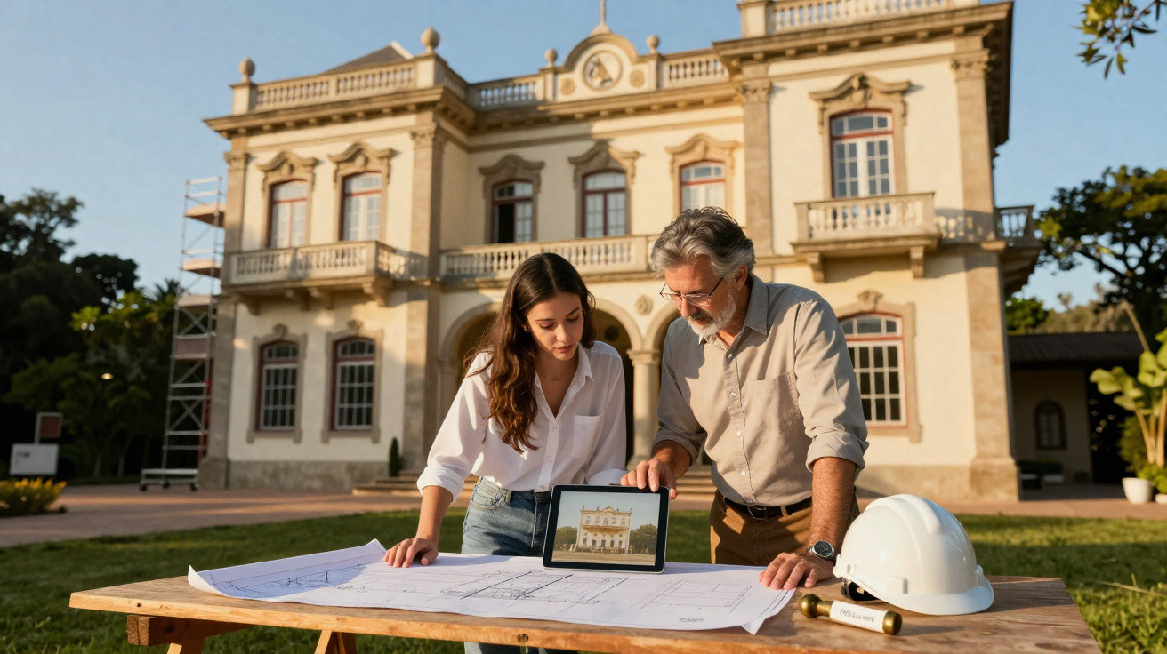 Two architects reviewing building plans and a digital image of a historic mansion outdoors on a wooden table.
