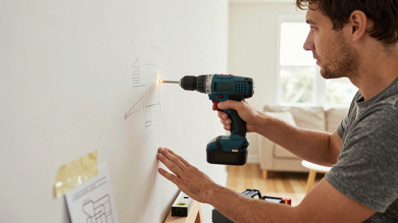Man using a cordless drill to make a hole in a white wall with sketches and plans taped nearby.