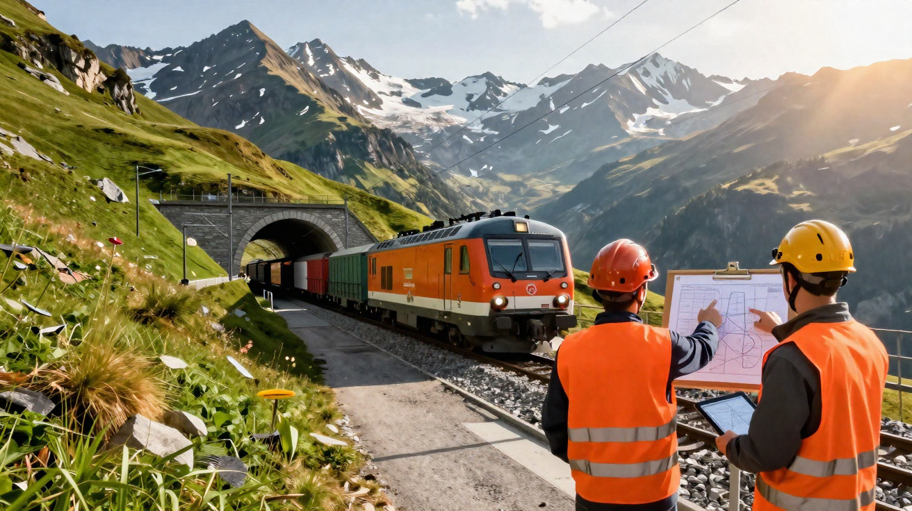 Two workers in helmets and orange vests review plans near an orange freight train emerging from a mountain tunnel.