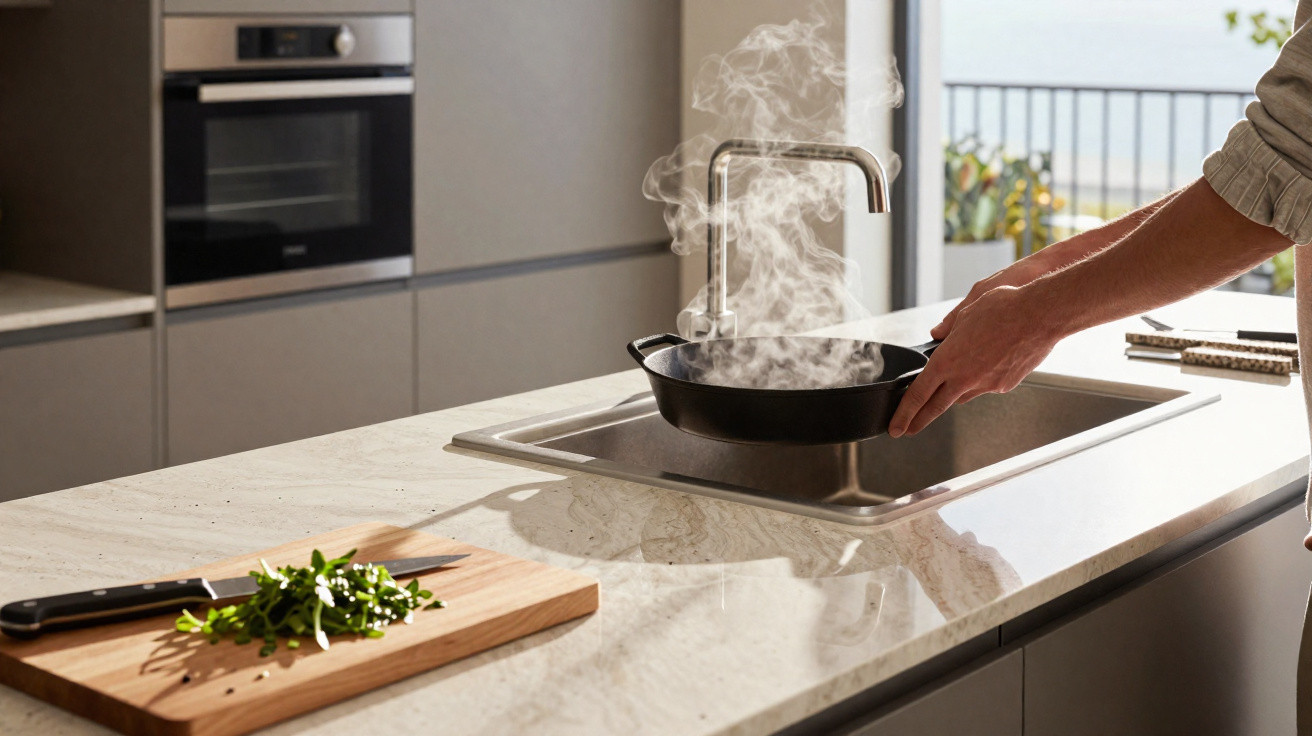 Person holding a steaming hot pan under a kitchen tap next to a chopping board with herbs and a knife.