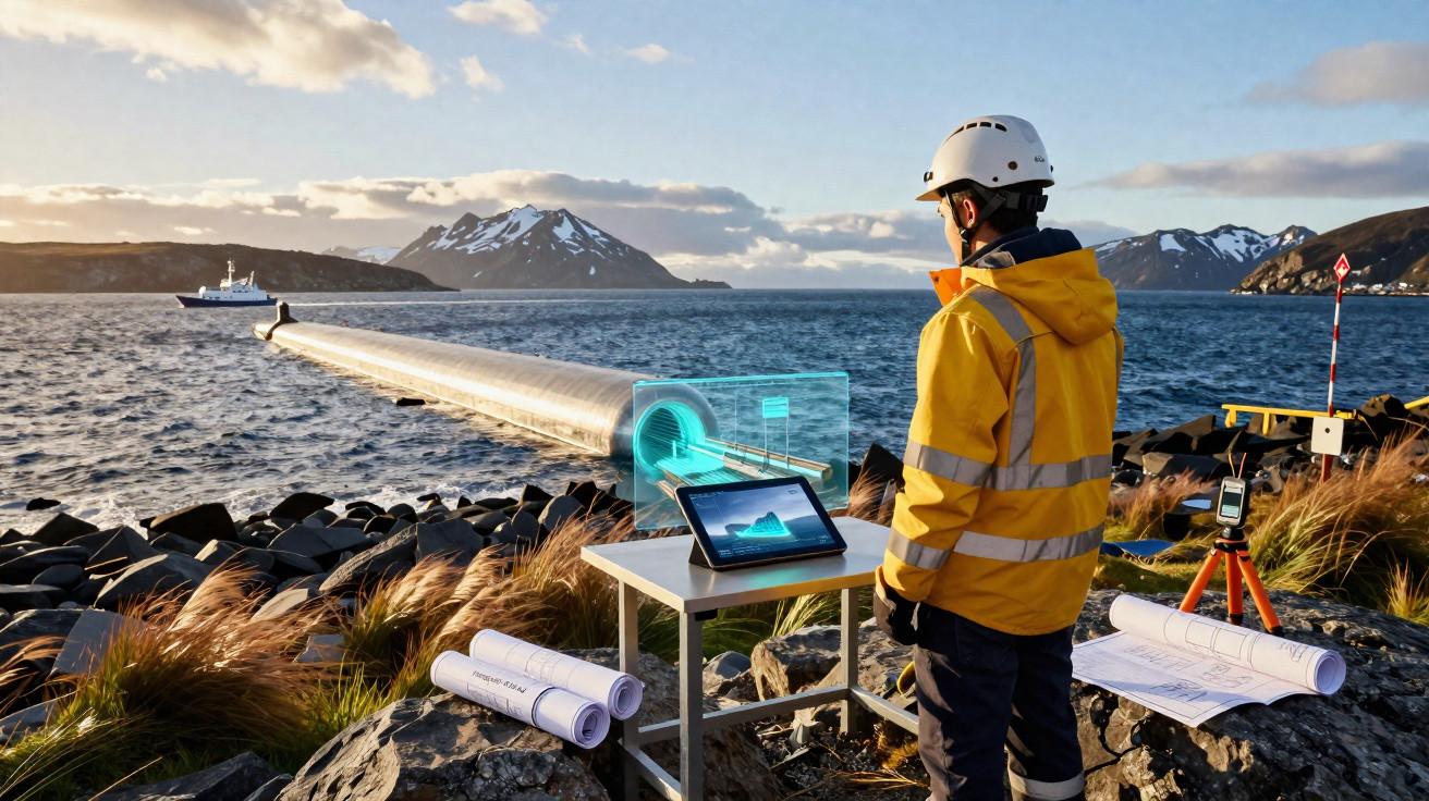 Engineer in safety gear using tablet to inspect digital pipeline model by rocky coastline with snowy mountains in background.