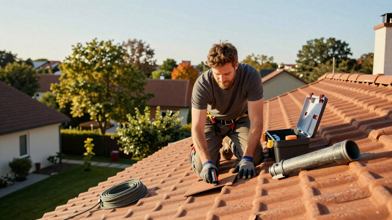 Man in safety harness repairing terracotta roof tiles on a sunny residential neighbourhood rooftop.