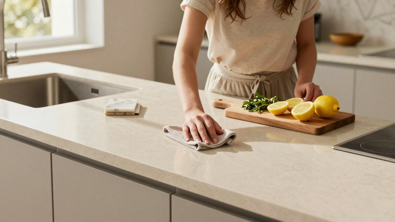 Person wiping a clean kitchen countertop with a cloth near lemons and herbs on a wooden chopping board.