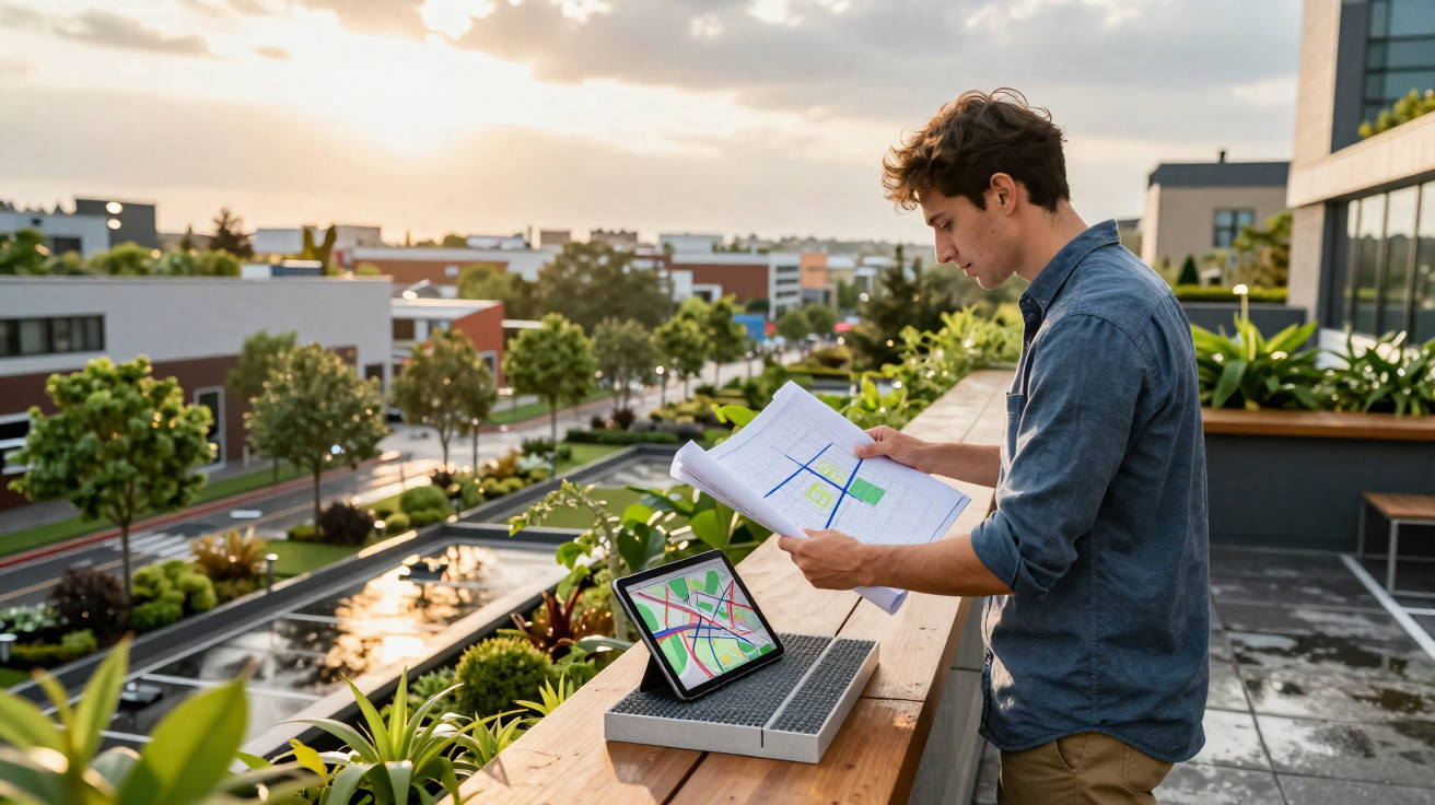 Man examining architectural plans outdoors on a rooftop terrace with an iPad and garden plants nearby
