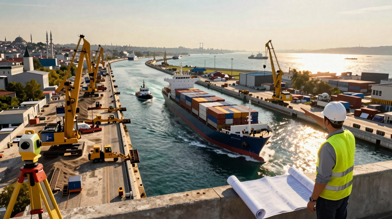 Engineer in hard hat and reflective vest inspects blueprints at busy container port with cranes and cargo ship at sunset.