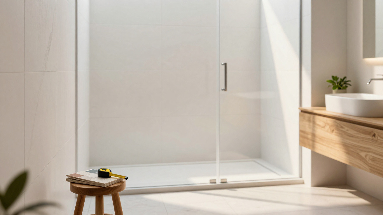 Minimalist bathroom with glass shower enclosure, wooden stool with tape measure and books, and wooden vanity with sink.