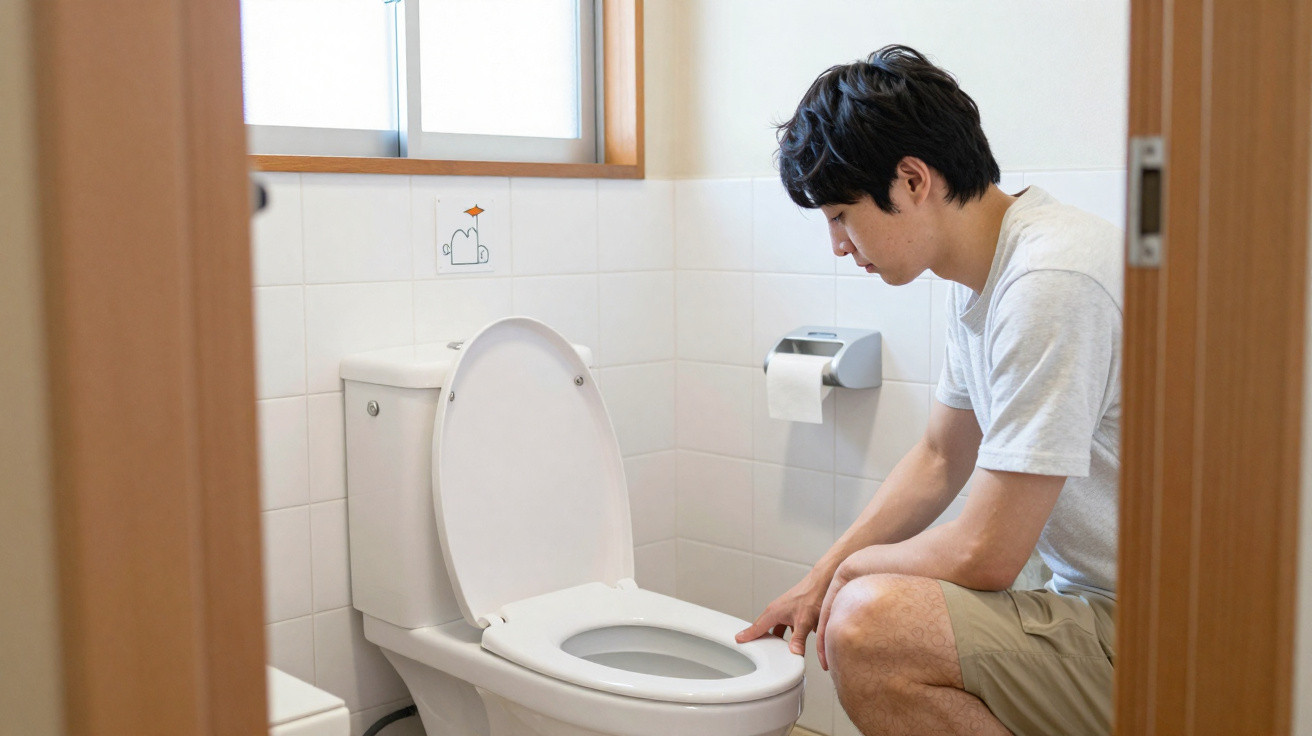 Man squatting and inspecting an open toilet bowl in a small, bright bathroom with tiled walls.