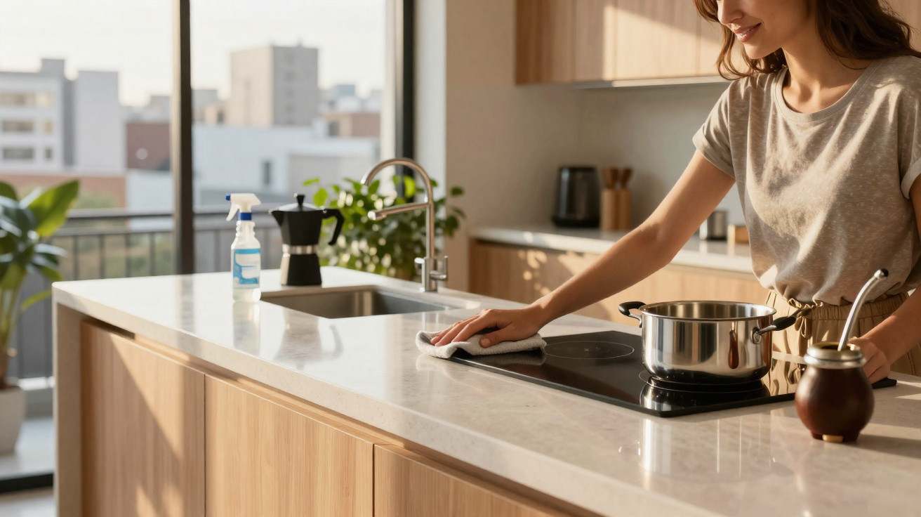 Woman cleaning a modern kitchen countertop with a cloth next to a stovetop and a pot.