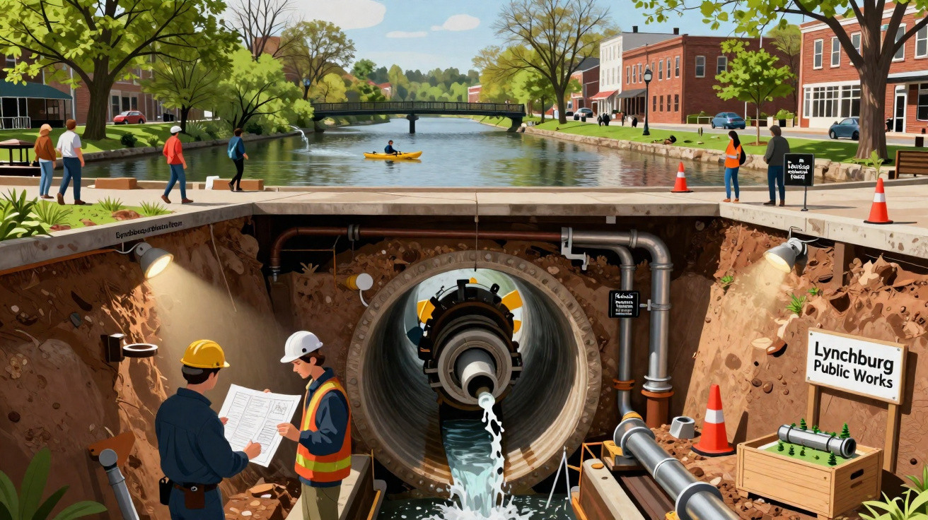 Two workers inspect a large water pipe beneath a river in a town with people walking and kayaking above.