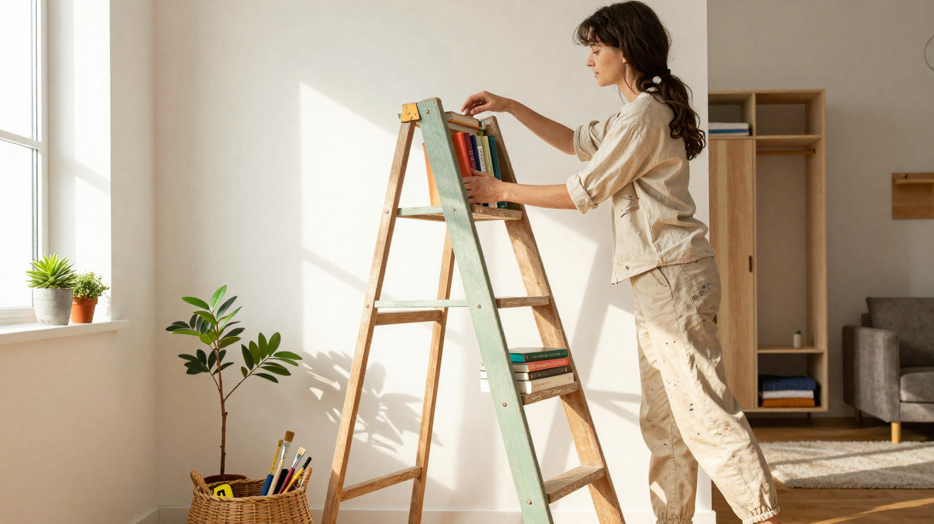 Woman arranging books on a wooden ladder shelf in a bright, minimally decorated living room.