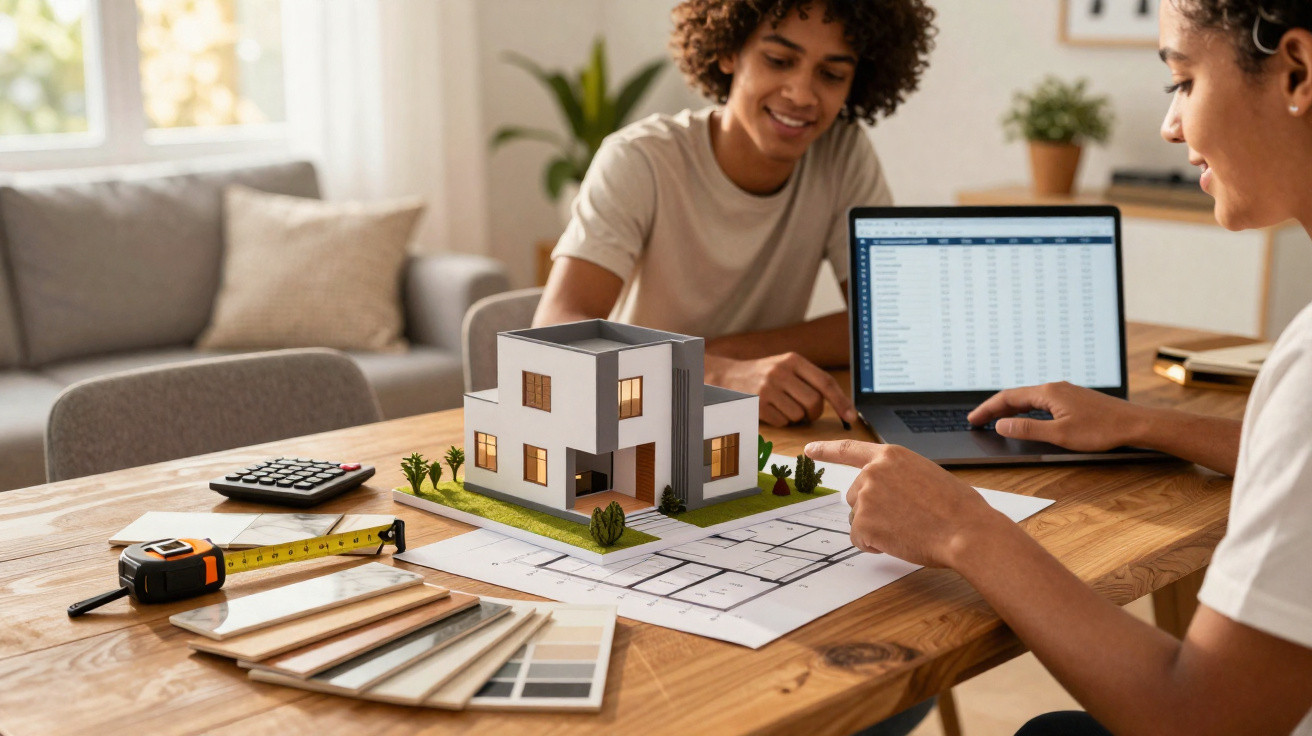 Two people discussing a house model and blueprints with a laptop and colour samples on a wooden table.