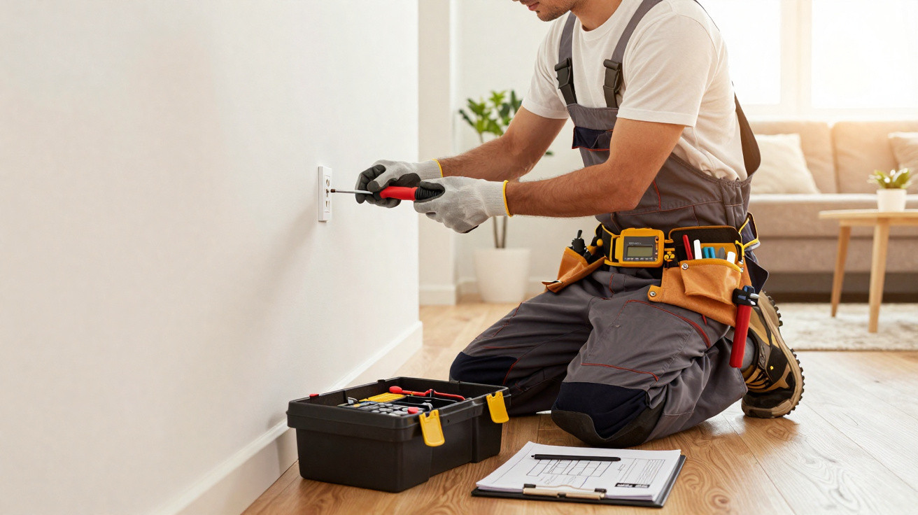 Electrician in overalls fixing a wall socket with a screwdriver beside a toolbox and clipboard on wooden floor.