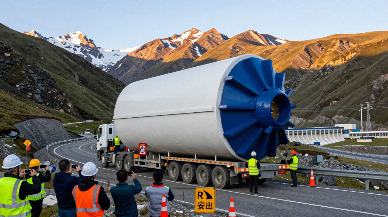 Workers in safety gear guide a large cylindrical industrial component on a truck through mountainous terrain.