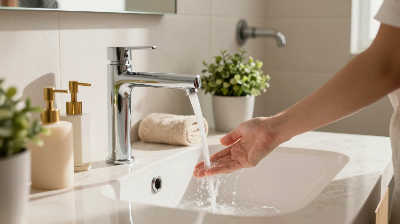 Person washing hands under running water from a modern chrome faucet in a clean bathroom sink.
