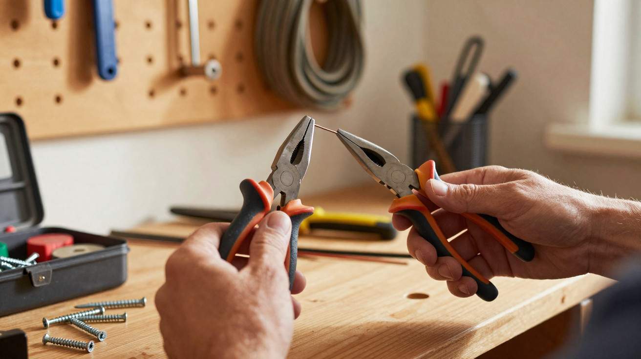 Hands holding two pairs of pliers gripping a small nail in a workshop with tools on a wooden table.
