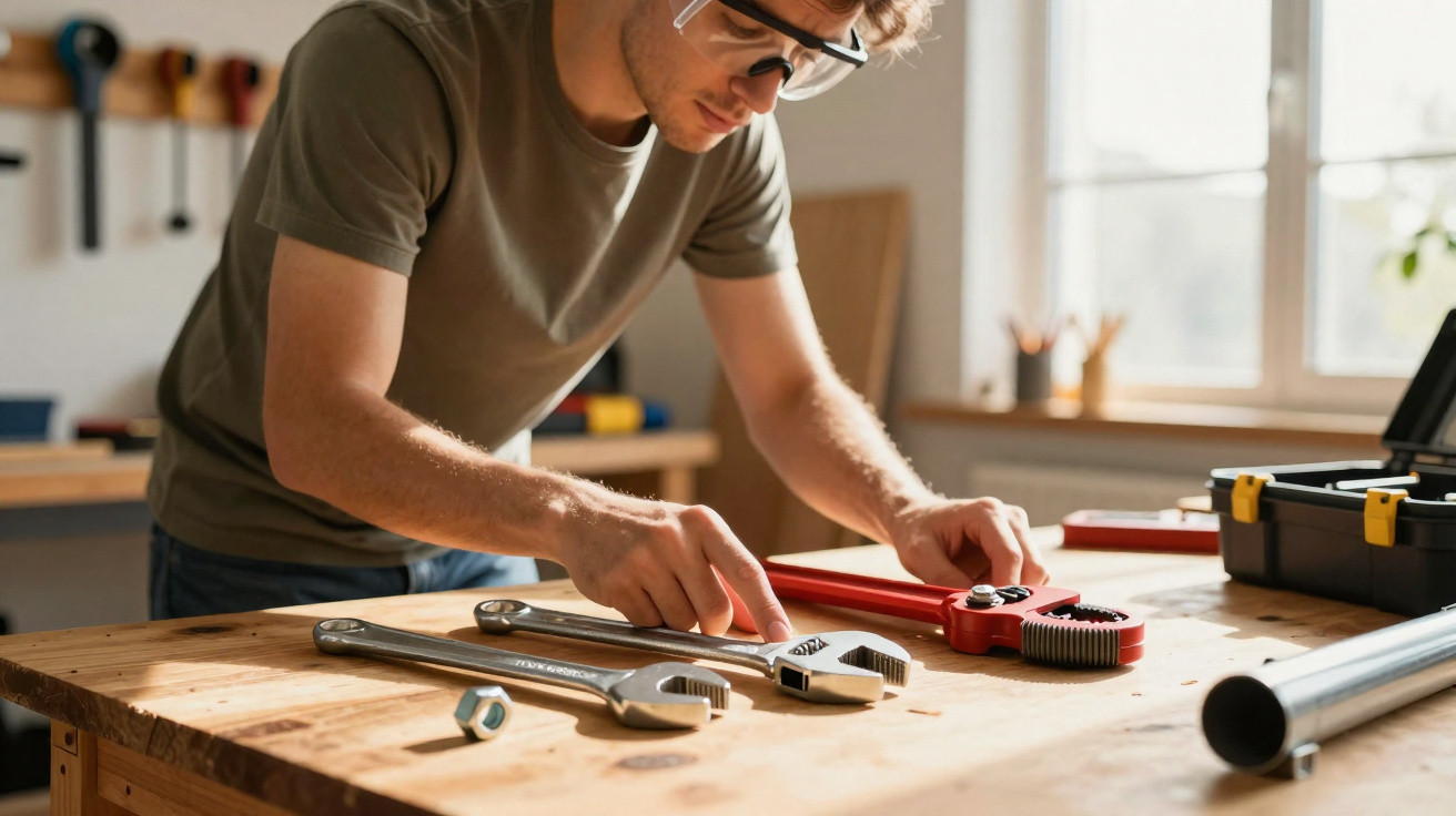 Man wearing safety glasses selecting a wrench from a variety of tools on a wooden workbench in a workshop.