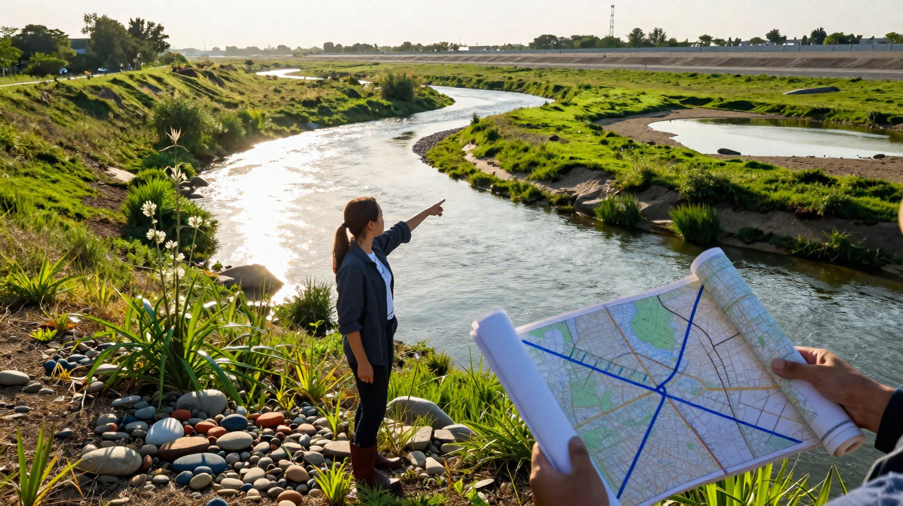 Person pointing at a winding river while another holds a map by a grassy riverside in the late afternoon.