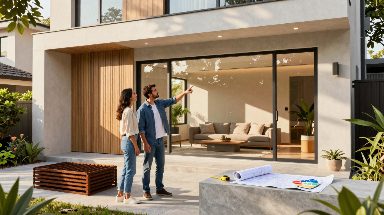 Couple standing outside modern house with large glass doors, discussing home design plans on concrete table.