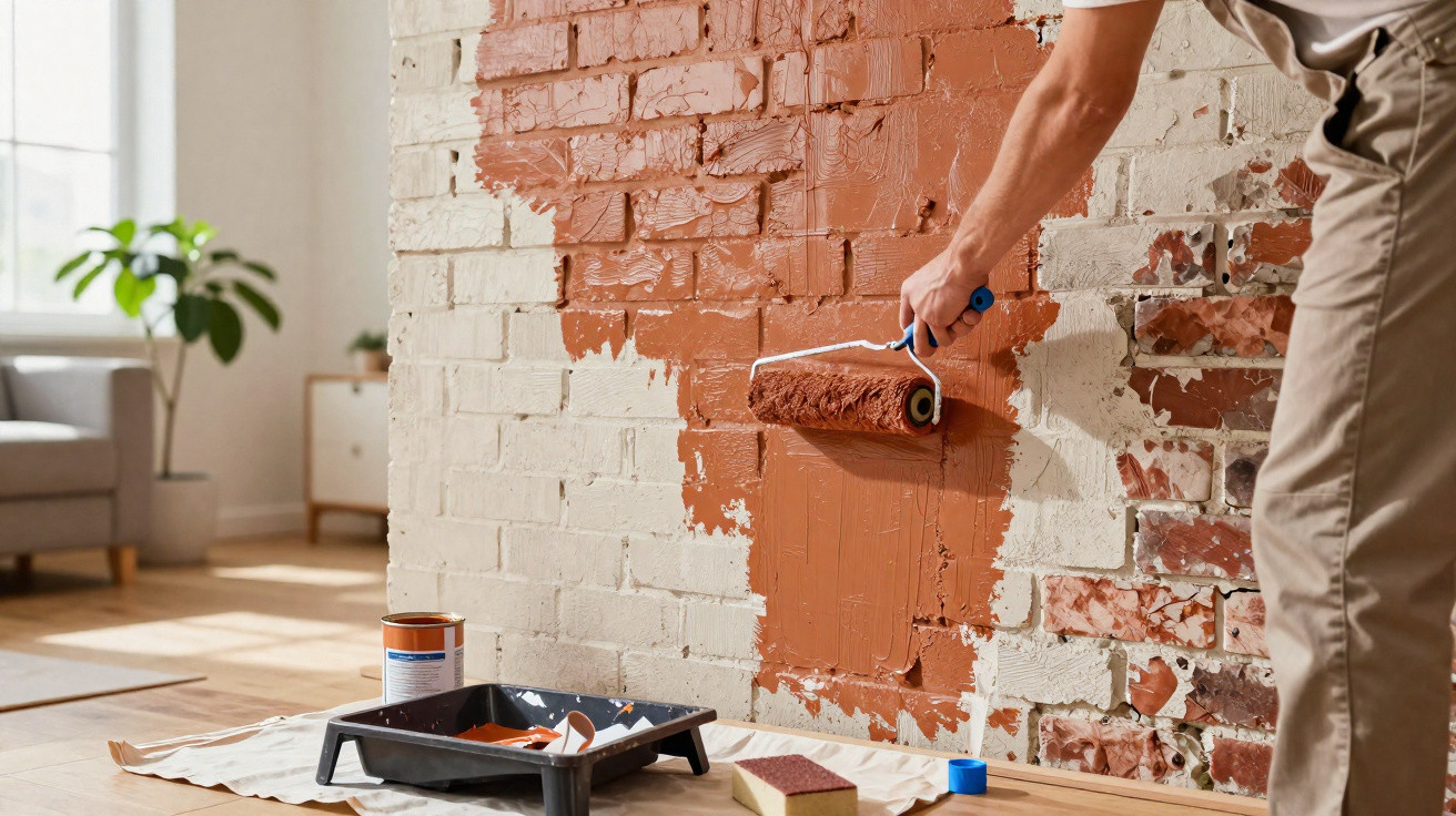 Person painting an exposed brick wall reddish-brown using a roller in a bright living room.