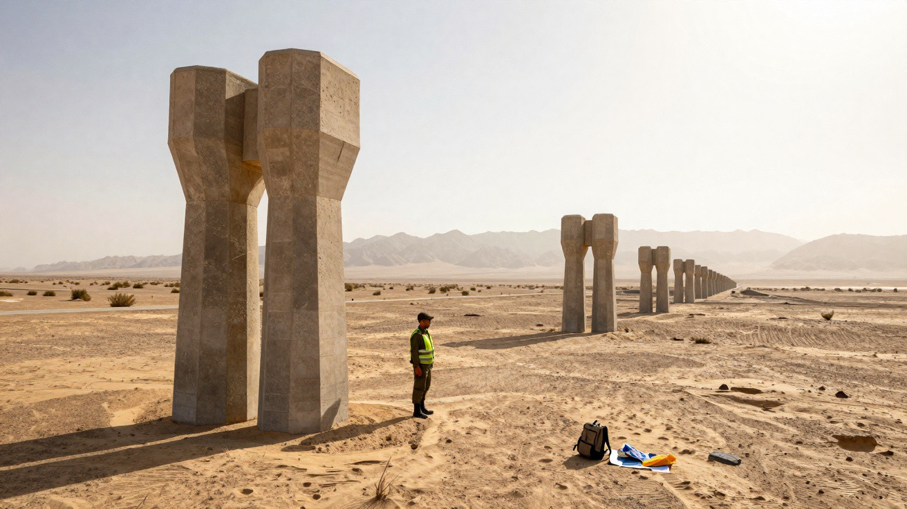 Man stands near large concrete pillars in a desert landscape with mountains in the background under a clear sky.