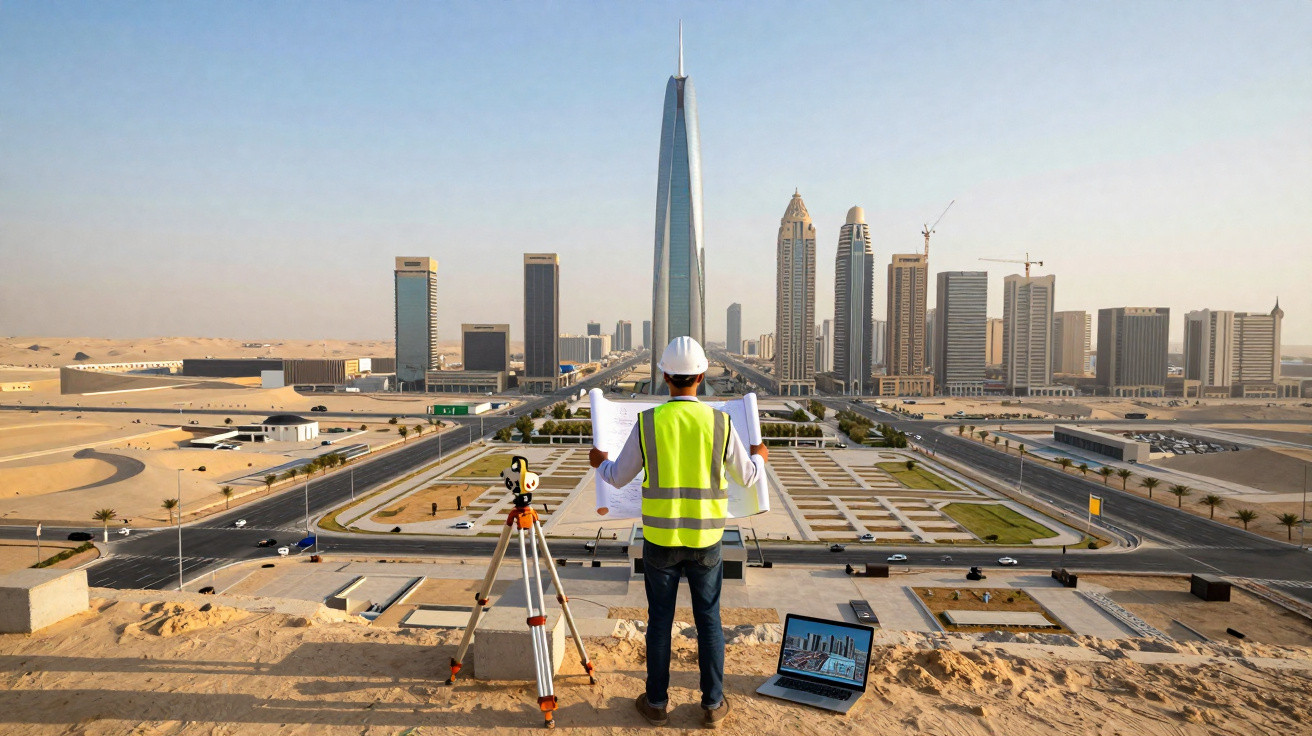 Engineer in high-visibility vest and helmet reviews blueprints overlooking a desert city skyline with tall buildings.