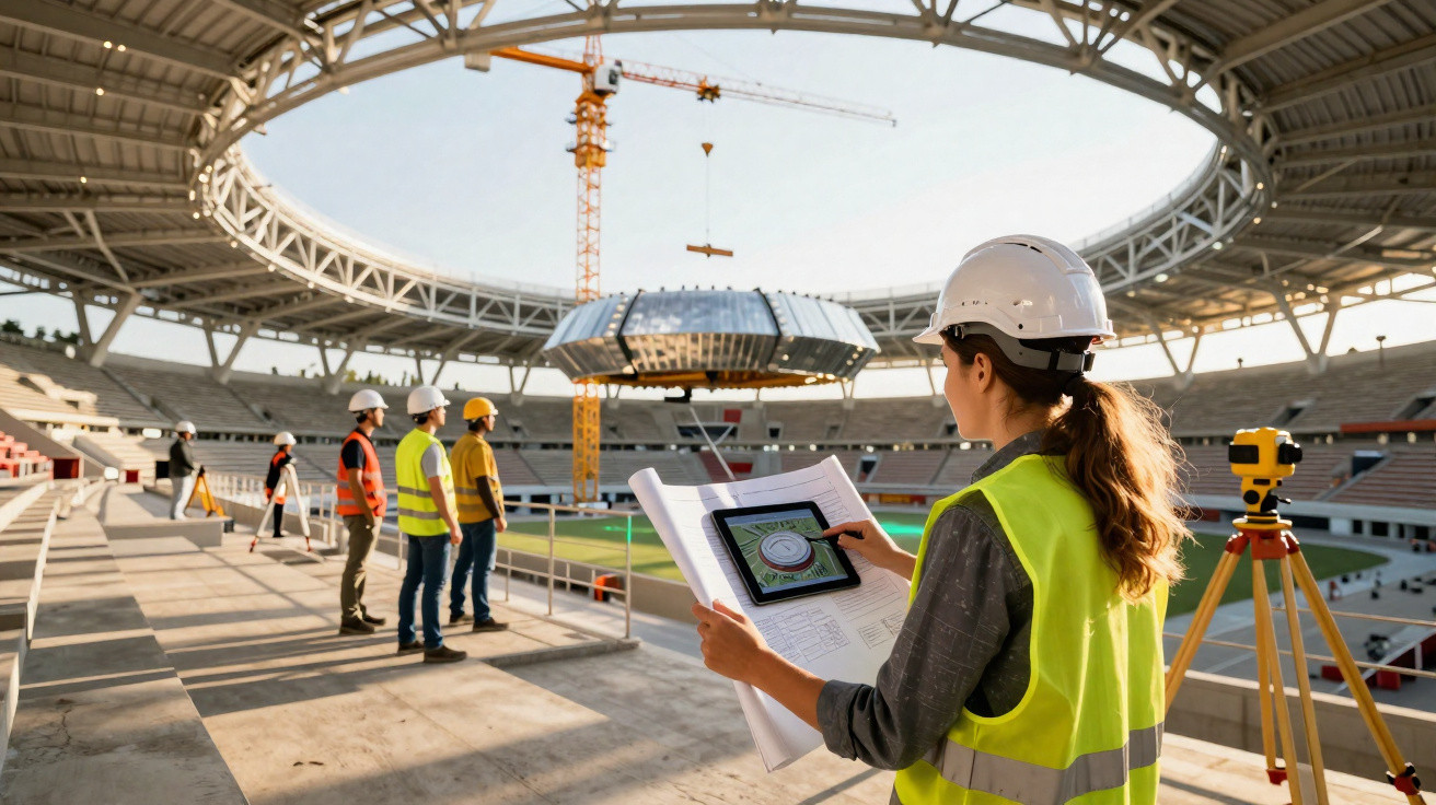 Female engineer in helmet and vest reviewing plans inside a stadium under construction with workers and crane nearby