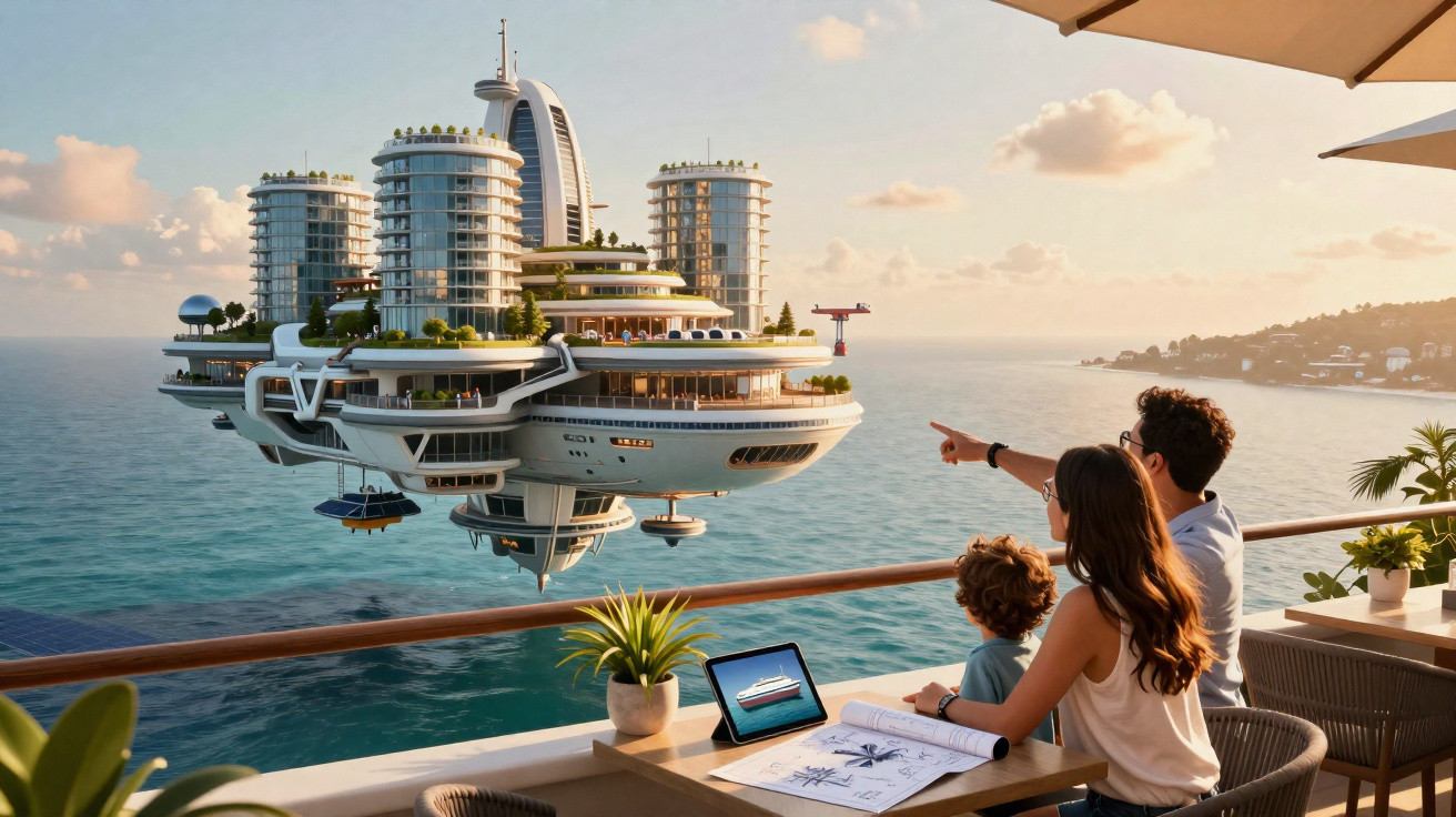 Family on balcony observing futuristic floating city with modern buildings over calm sea at sunset.