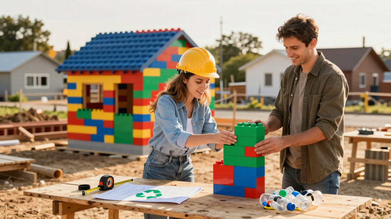 Two people building a colourful plastic block structure on a wooden table at a construction site.