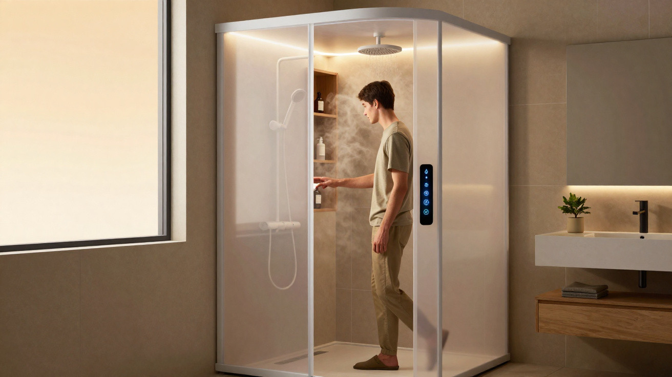 Man adjusting controls inside a modern steam shower cabin in a minimalist bathroom.