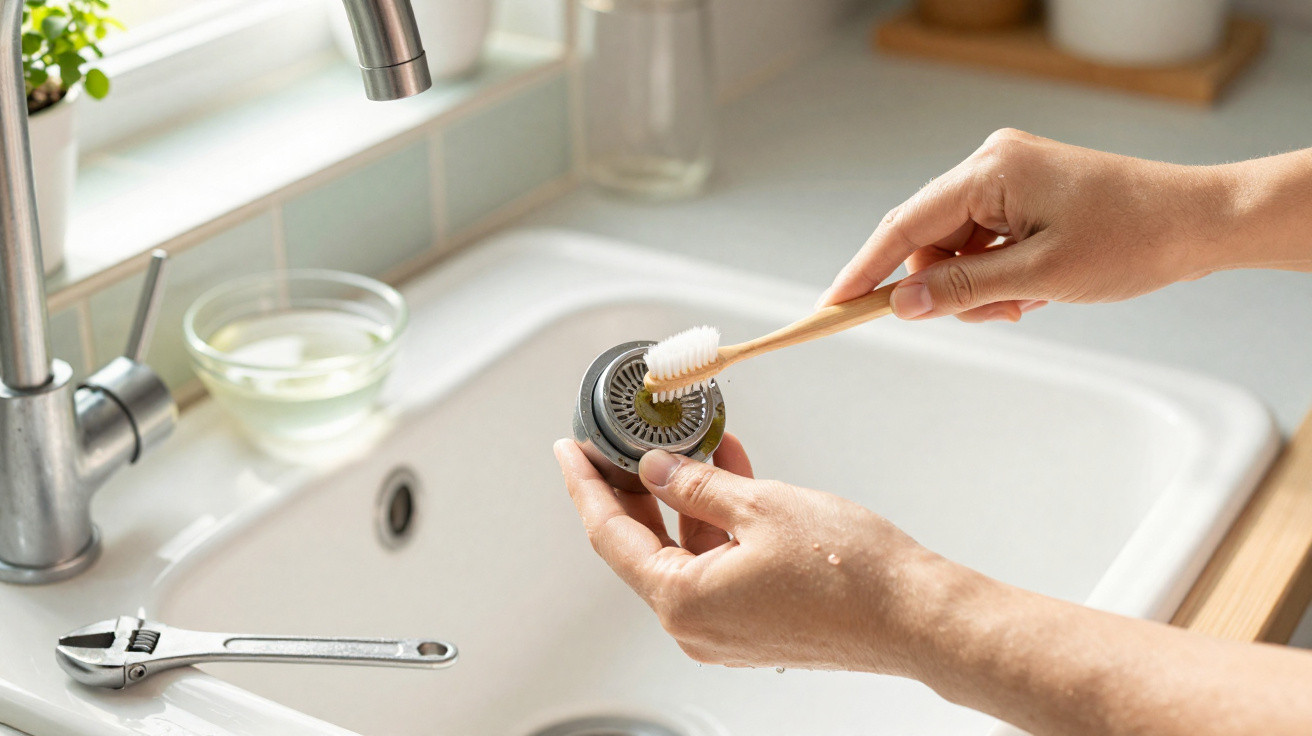 Hands cleaning a kitchen sink strainer with a small brush over a white sink and silver adjustable wrench nearby.