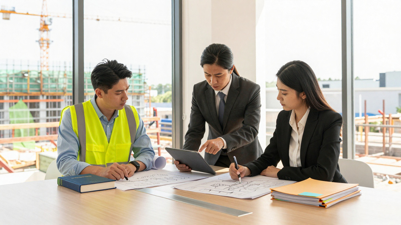 Three professionals planning a construction project with blueprints and a tablet at a bright office table.