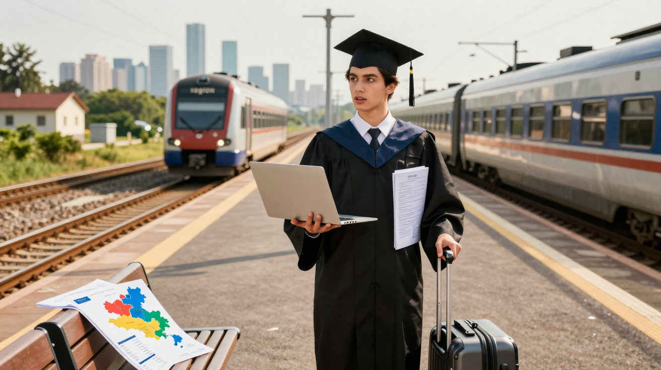 Graduate in cap and gown holding laptop and suitcase on train platform with city skyline in background