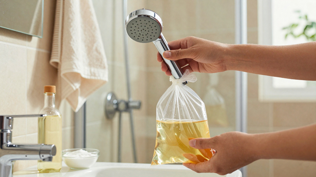 Hands holding a showerhead attached to a plastic bag filled with yellow liquid in a bathroom sink area.