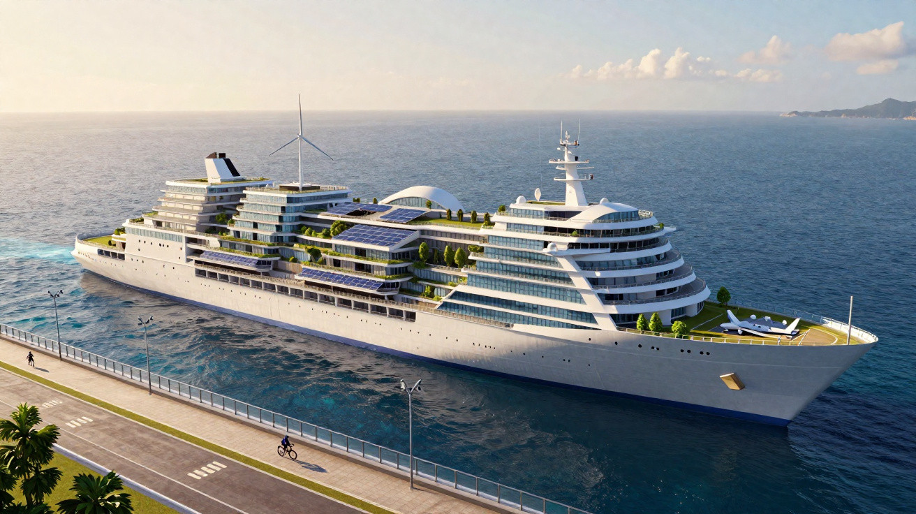 Modern eco-friendly cruise ship with solar panels and wind turbine docked at a harbour in clear weather.
