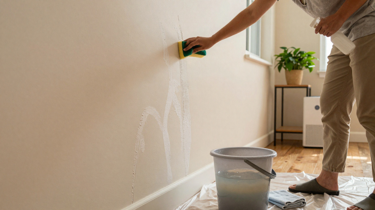 Person cleaning a beige wall with a sponge and water bucket on a covered wooden floor indoors.