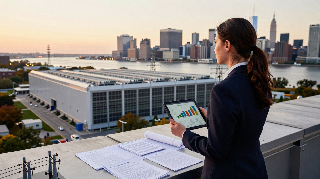 Businesswoman analysing bar charts on tablet on rooftop with city skyline at sunset in background.