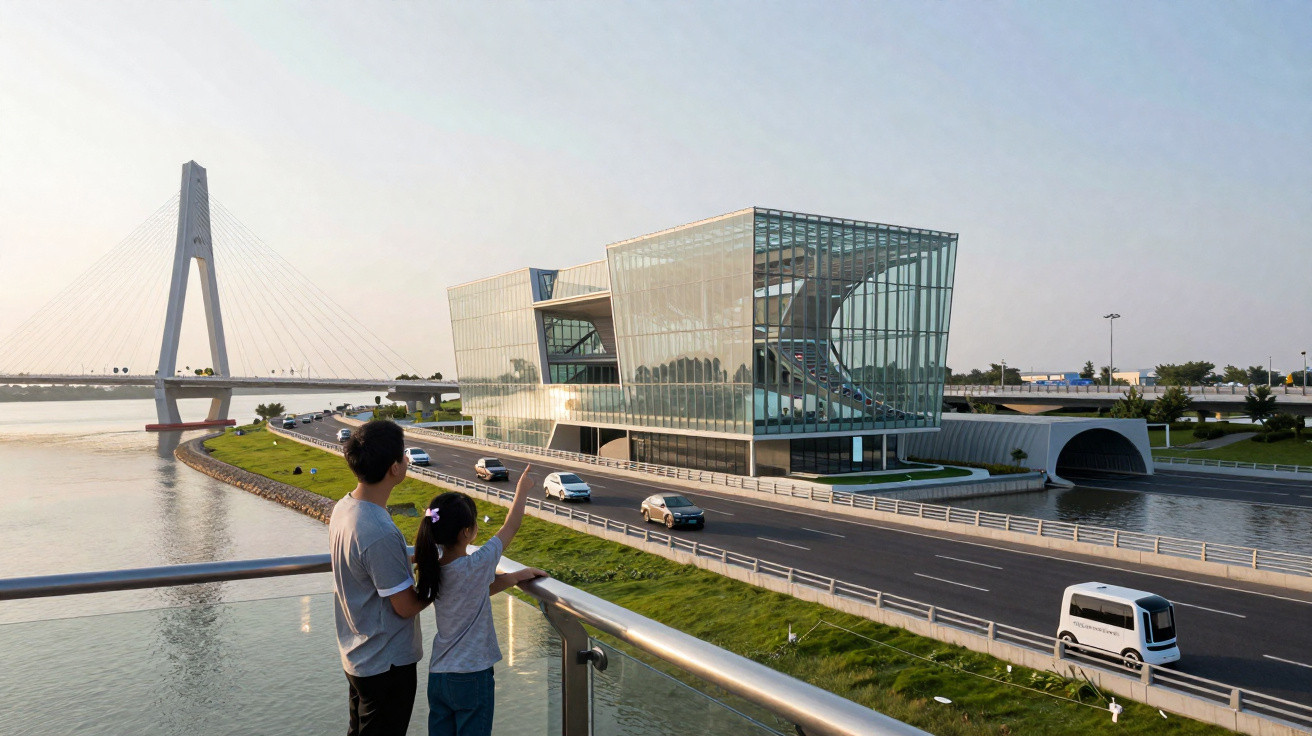 A man and child on a balcony overlooking a modern glass building, a bridge, and a waterway with traffic.