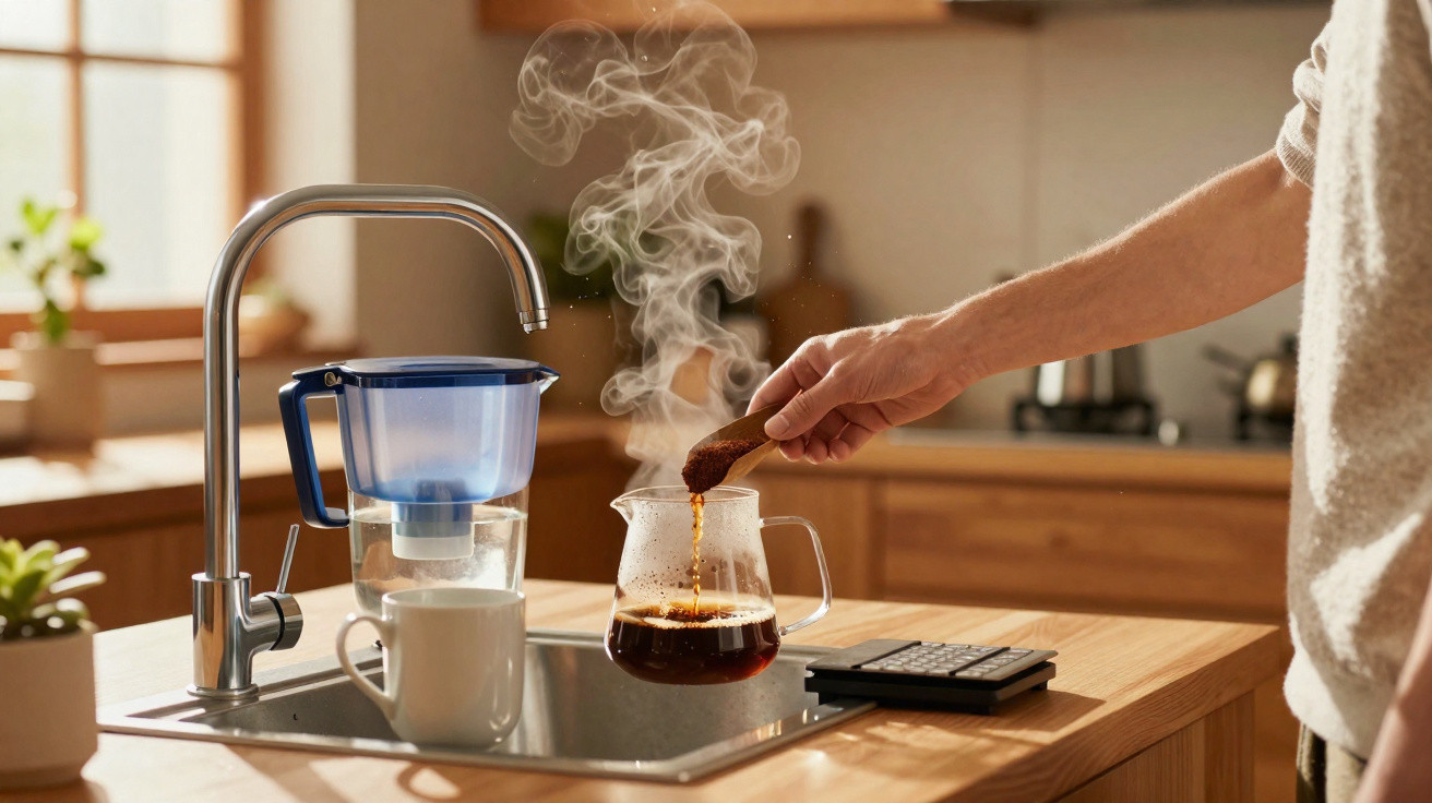 Hand stirring steaming hot coffee in a glass jug on a wooden kitchen countertop near a water filter and mug.