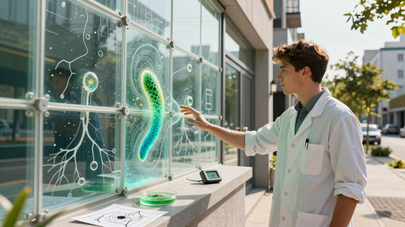 Scientist in lab coat interacting with a digital display of a glowing microorganism on glass panels outdoors.